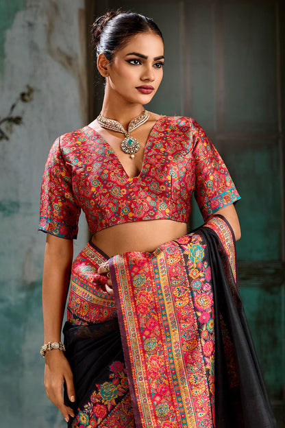 Beleaguer Black Pashmina Saree With Exquisite Blouse Piece