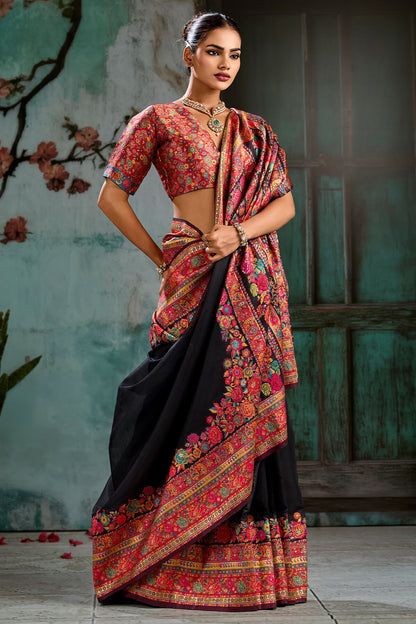 Beleaguer Black Pashmina Saree With Exquisite Blouse Piece
