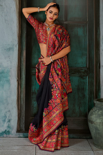 Beleaguer Black Pashmina Saree With Exquisite Blouse Piece