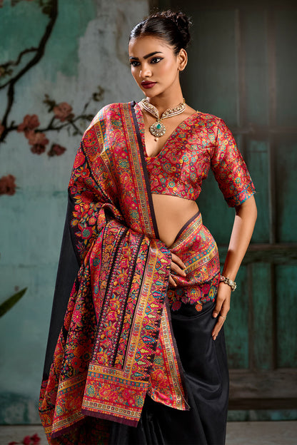 Beleaguer Black Pashmina Saree With Exquisite Blouse Piece