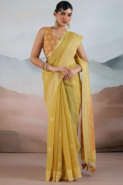 Lassitude Mustard Cotton Silk Saree With Ethereal Blouse Piece