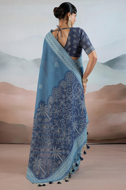 Tantalizing Blue Cotton Silk Saree With Invaluable Blouse Piece