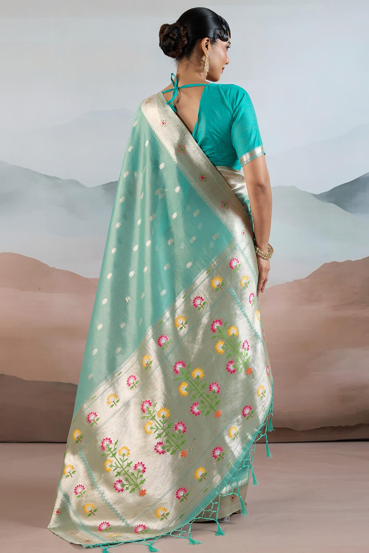 Scrupulous Sky Paithani Pure Tissue Silk Saree With Bucolic Blouse Piece