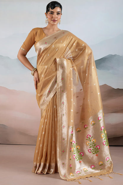 Quixotic Light Brown Paithani Pure Tissue Silk Saree With Elaborate Blouse Piece