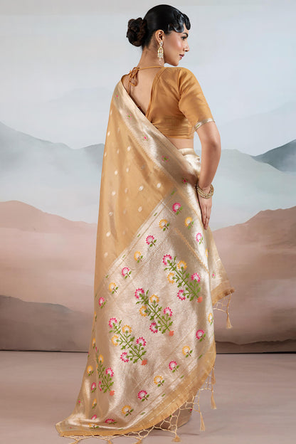 Quixotic Light Brown Paithani Pure Tissue Silk Saree With Elaborate Blouse Piece
