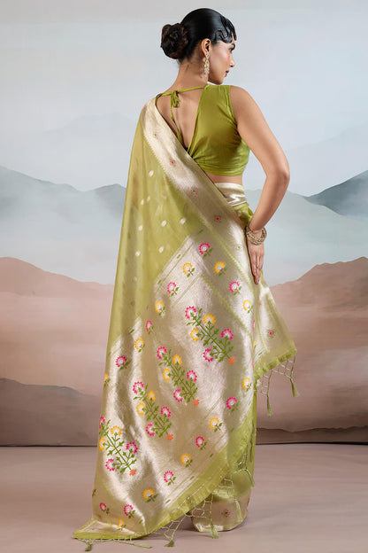 Fairytale Green Paithani Pure Tissue Silk Saree With Blissful Blouse Piece
