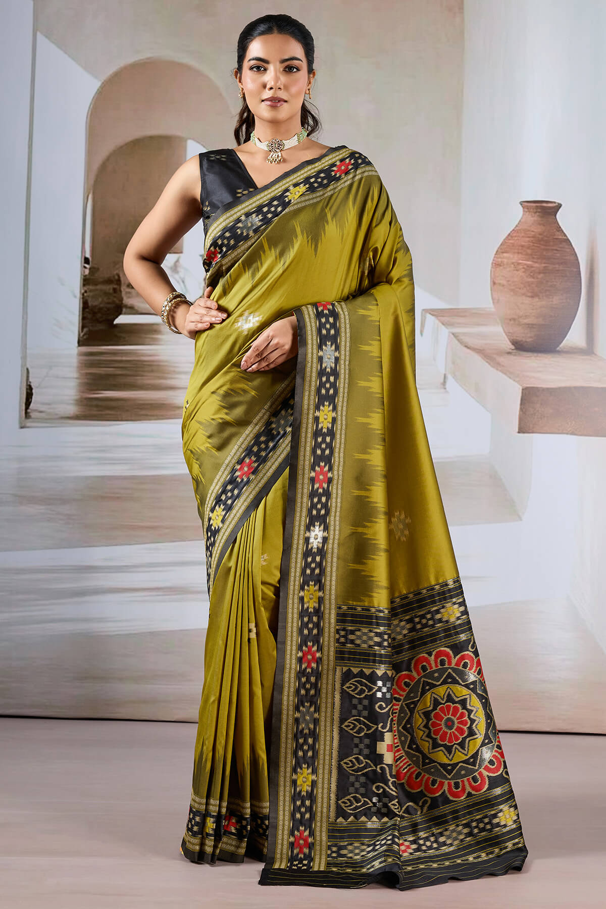 Panoply Mustard Patola Silk Saree with Elegant Blouse Piece