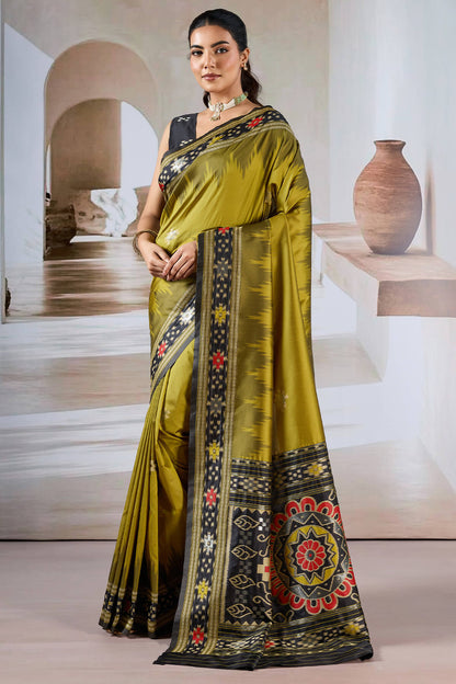 Panoply Mustard Patola Silk Saree with Elegant Blouse Piece