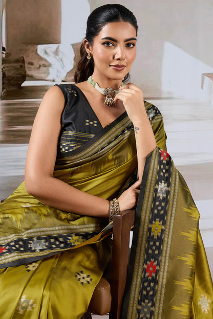 Panoply Mustard Patola Silk Saree with Elegant Blouse Piece