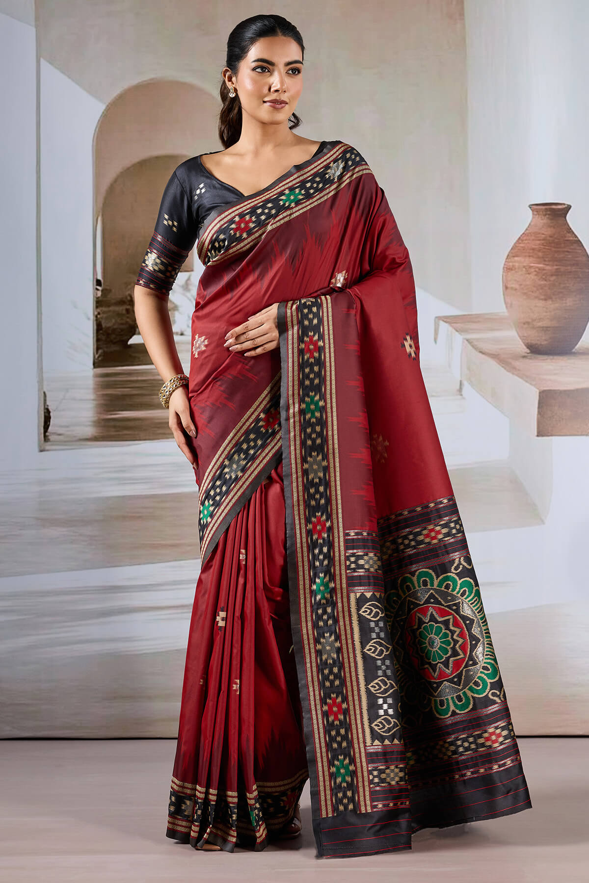 Groovy Maroon Patola Silk Saree with Girlish Blouse Piece
