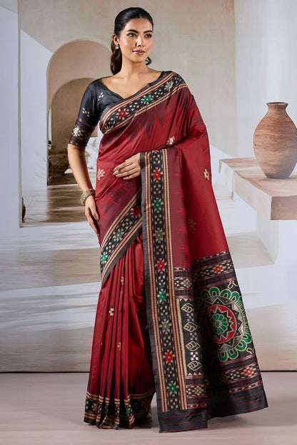 Groovy Maroon Patola Silk Saree with Girlish Blouse Piece