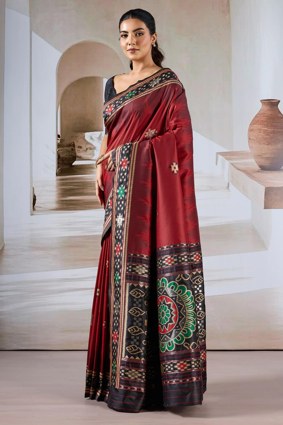 Groovy Maroon Patola Silk Saree with Girlish Blouse Piece