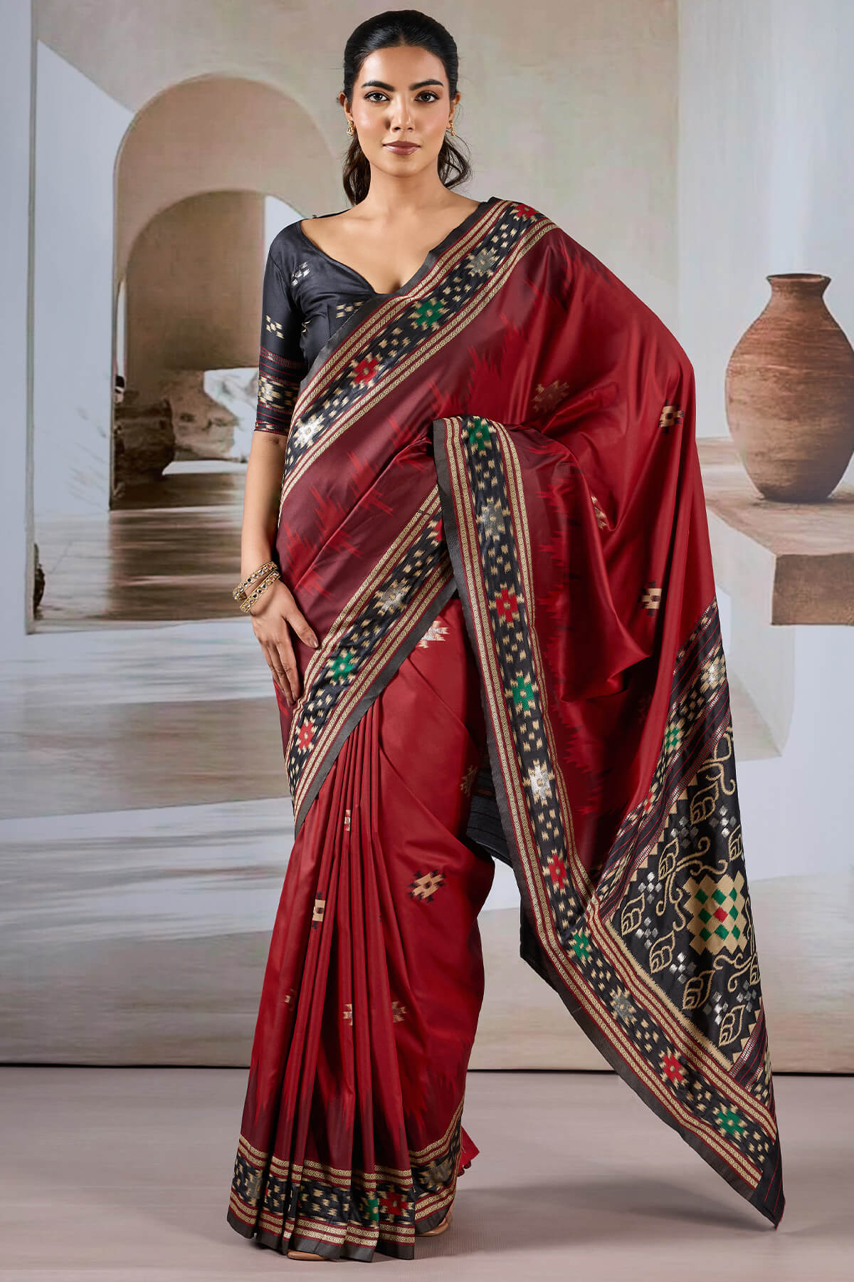 Groovy Maroon Patola Silk Saree with Girlish Blouse Piece