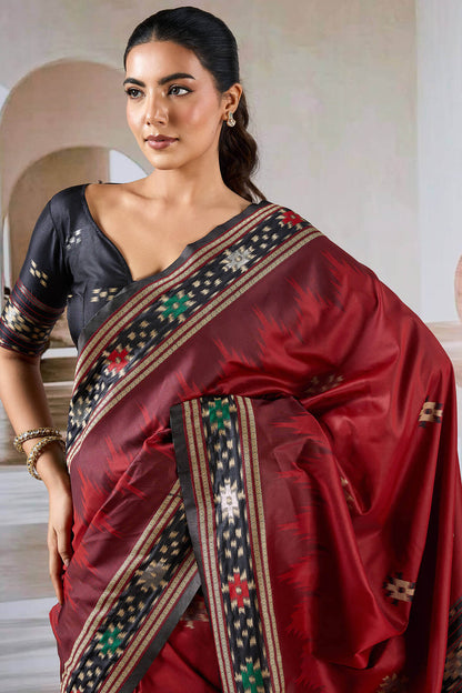 Groovy Maroon Patola Silk Saree with Girlish Blouse Piece