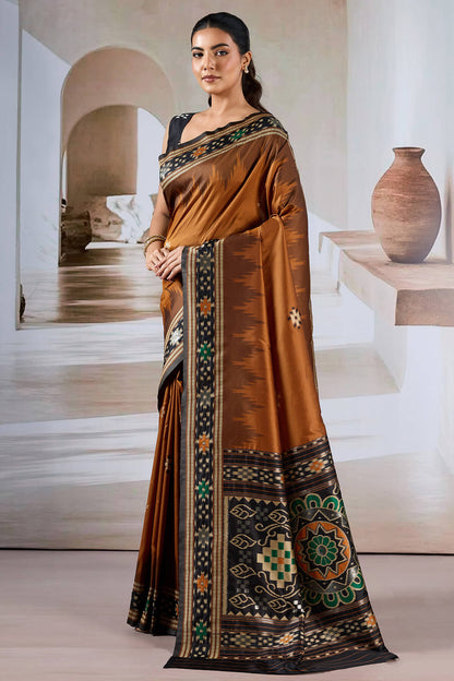 Vivacious Brown Patola Silk Saree with Excellent Blouse Piece
