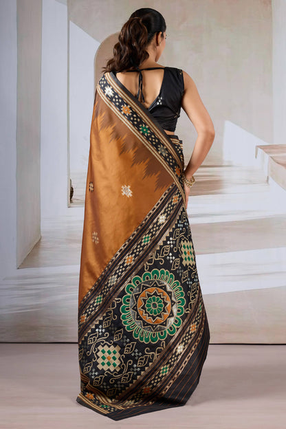 Vivacious Brown Patola Silk Saree with Excellent Blouse Piece