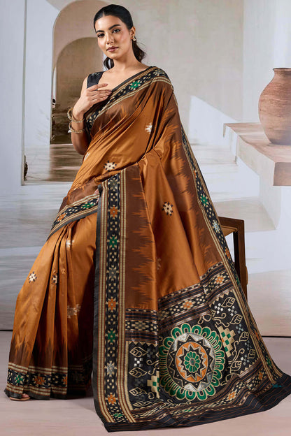 Vivacious Brown Patola Silk Saree with Excellent Blouse Piece