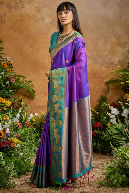 Sizzling Royal Purple Soft Banarasi Silk Saree With Inspiring Blouse Piece