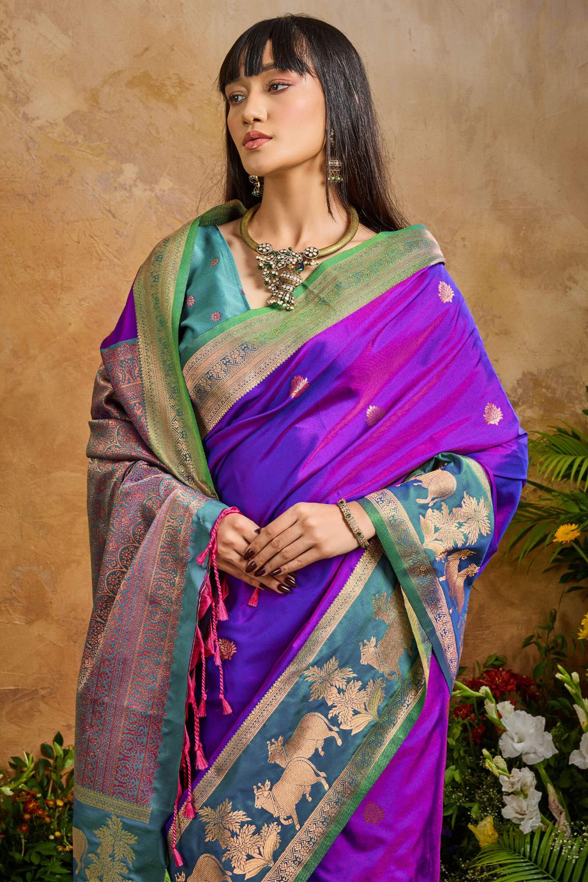 Sizzling Royal Purple Soft Banarasi Silk Saree With Inspiring Blouse Piece