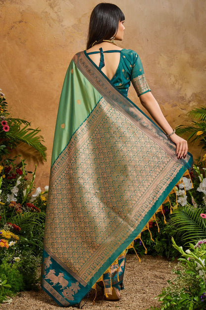 Fugacious Green Soft Banarasi Silk Saree With Unique Blouse Piece