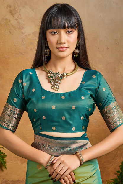 Fugacious Green Soft Banarasi Silk Saree With Unique Blouse Piece