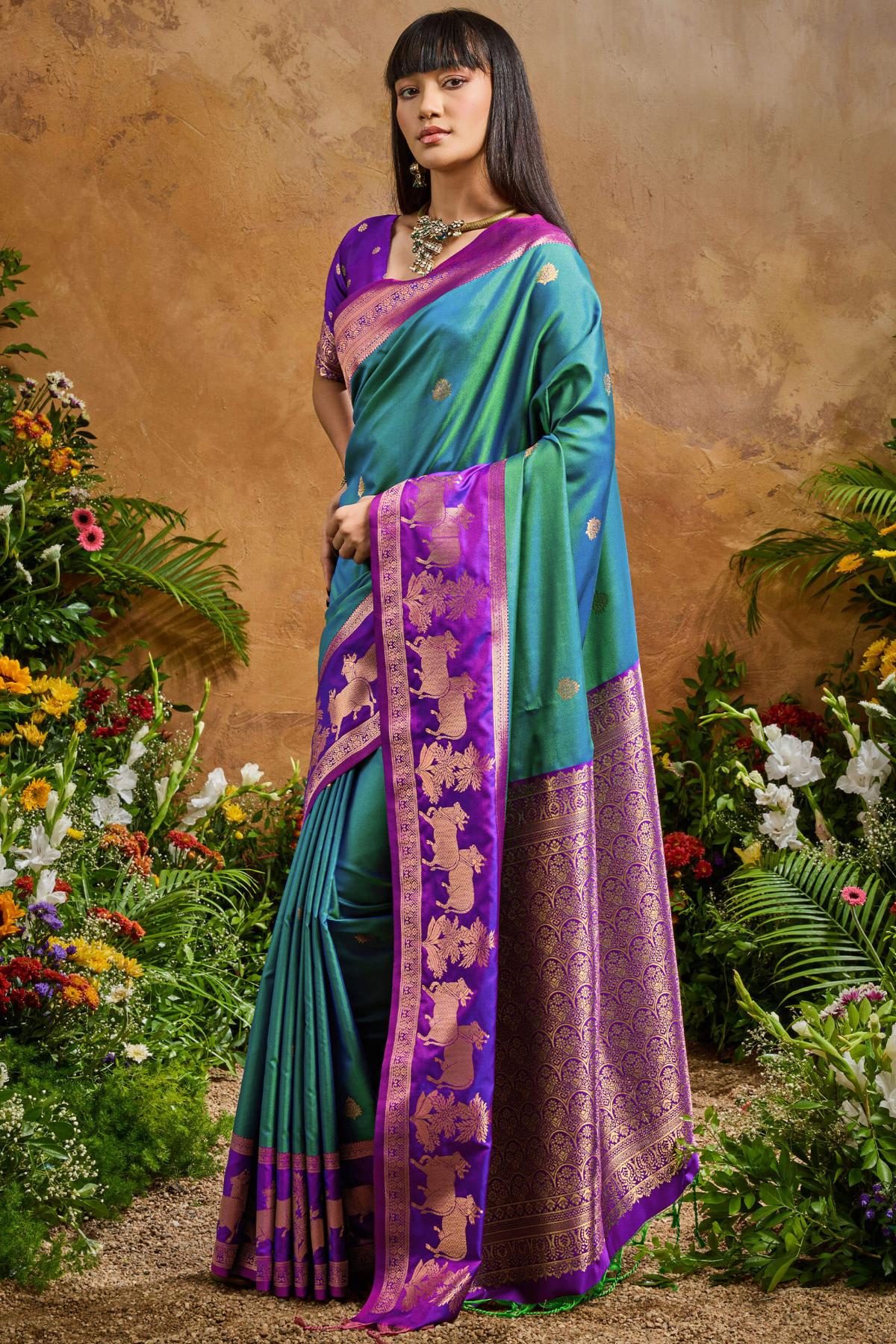 Resonant Rama Soft Banarasi Silk Saree With Opulent Blouse Piece