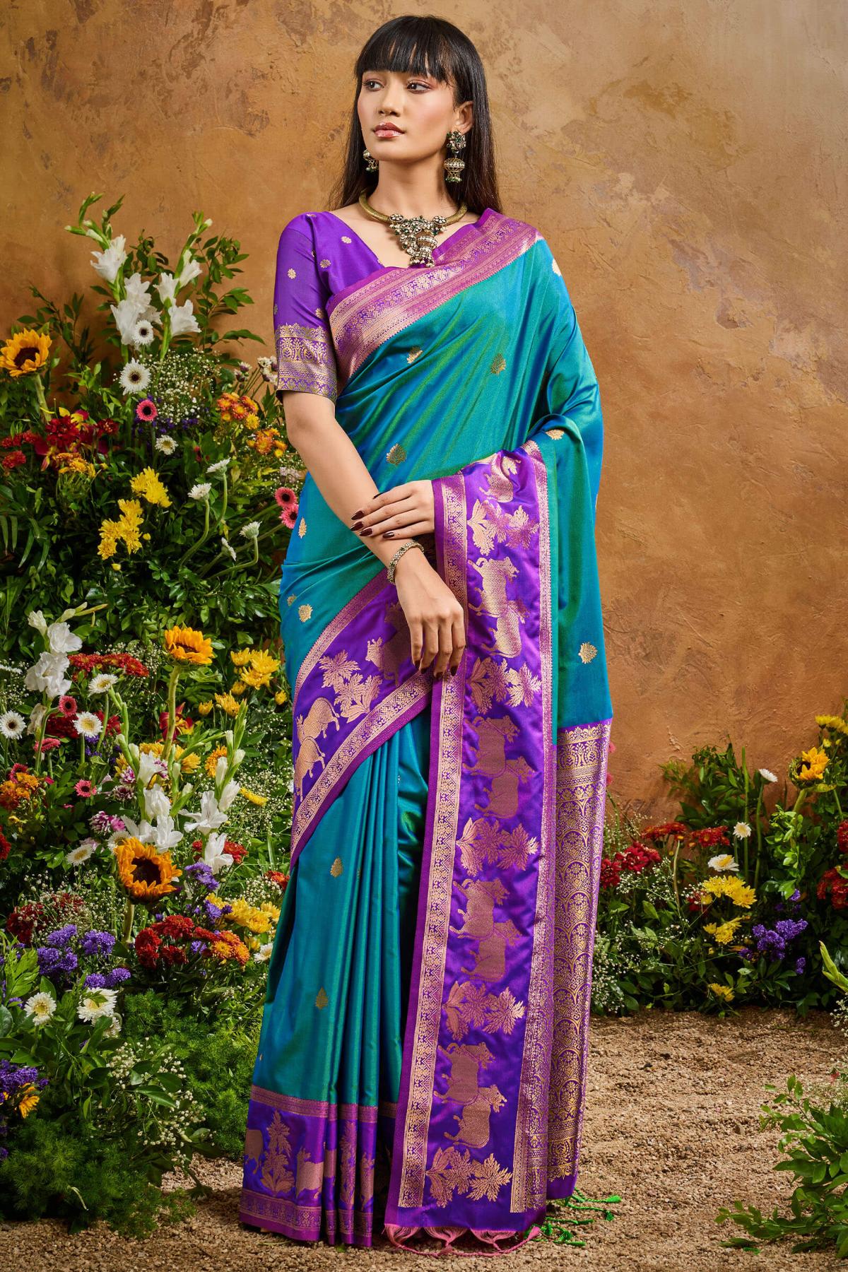 Resonant Rama Soft Banarasi Silk Saree With Opulent Blouse Piece