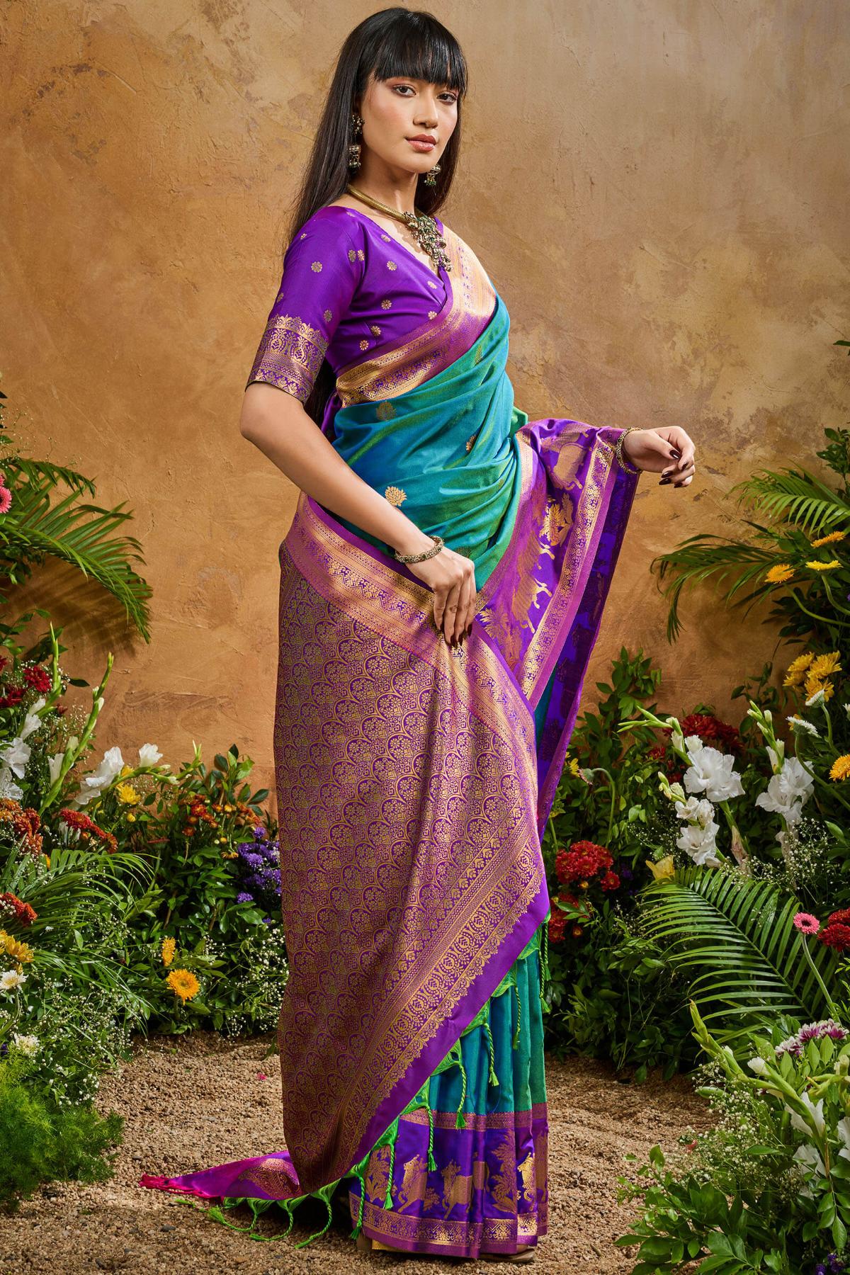 Resonant Rama Soft Banarasi Silk Saree With Opulent Blouse Piece