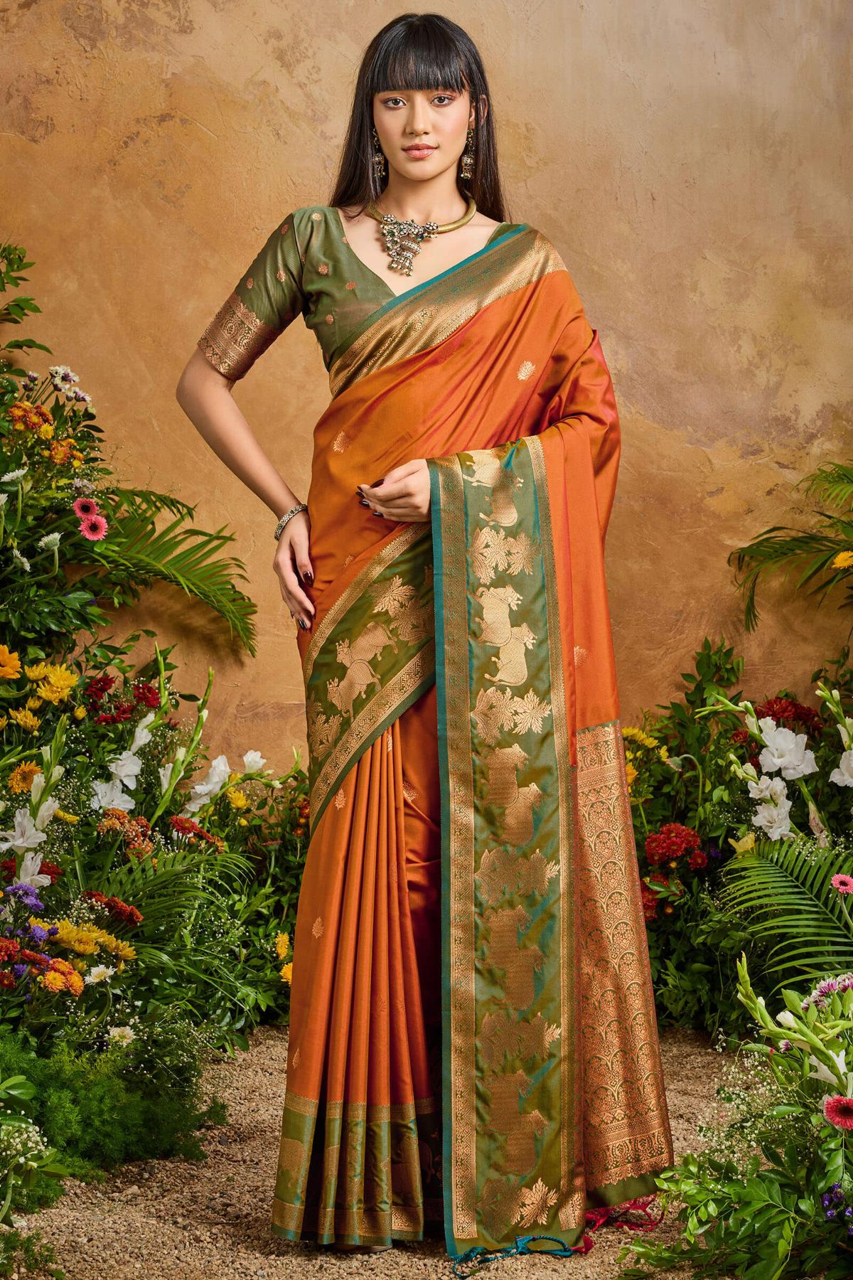 Magnificat Brown Soft Banarasi Silk Saree With Elision Blouse Piece