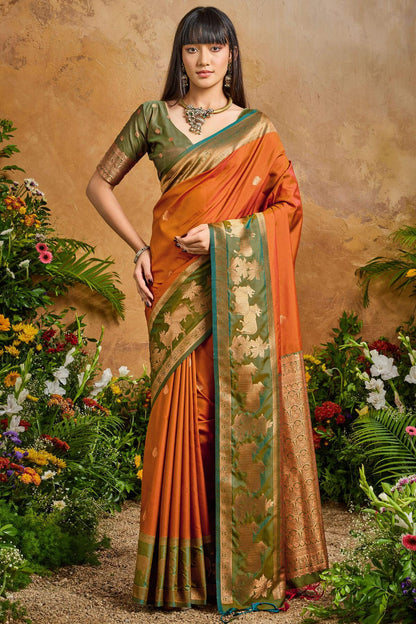 Magnificat Brown Soft Banarasi Silk Saree With Elision Blouse Piece