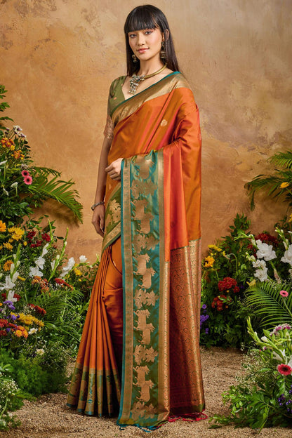 Magnificat Brown Soft Banarasi Silk Saree With Elision Blouse Piece