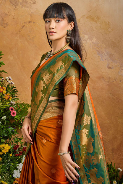 Magnificat Brown Soft Banarasi Silk Saree With Elision Blouse Piece