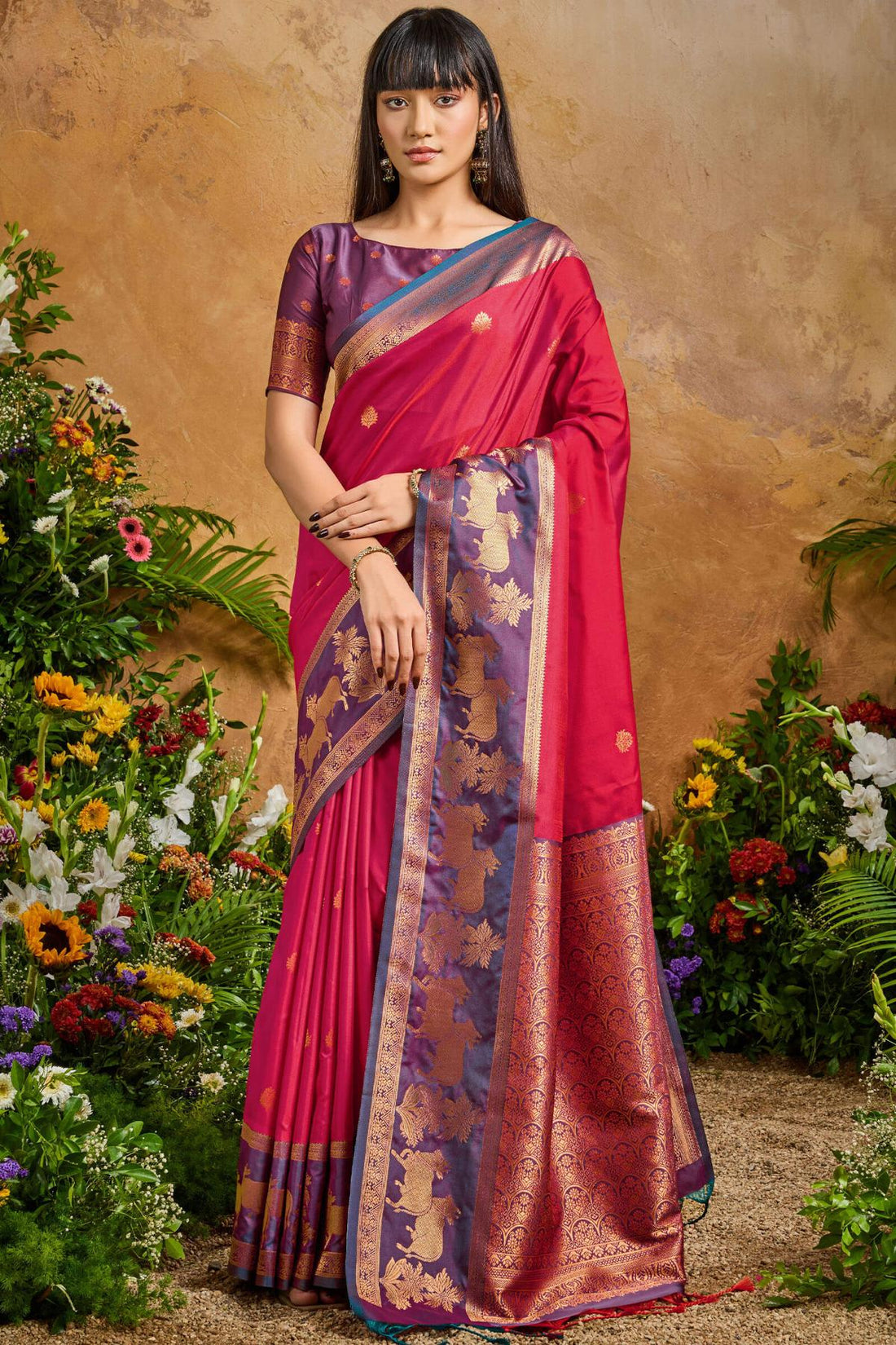 Eclat Dark Pink Soft Banarasi Silk Saree With Precious Blouse Piece