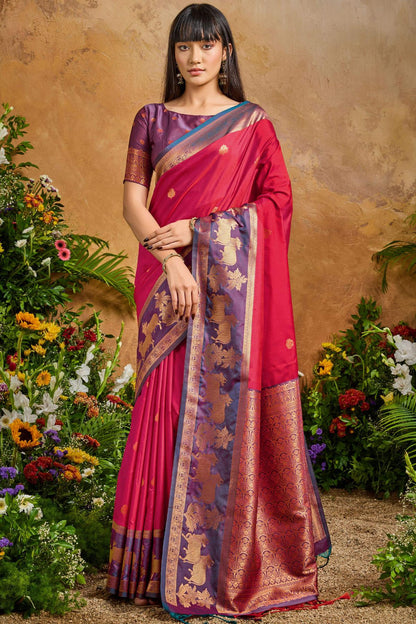 Eclat Dark Pink Soft Banarasi Silk Saree With Precious Blouse Piece