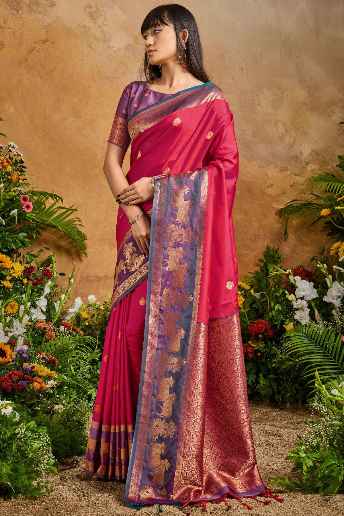 Eclat Dark Pink Soft Banarasi Silk Saree With Precious Blouse Piece