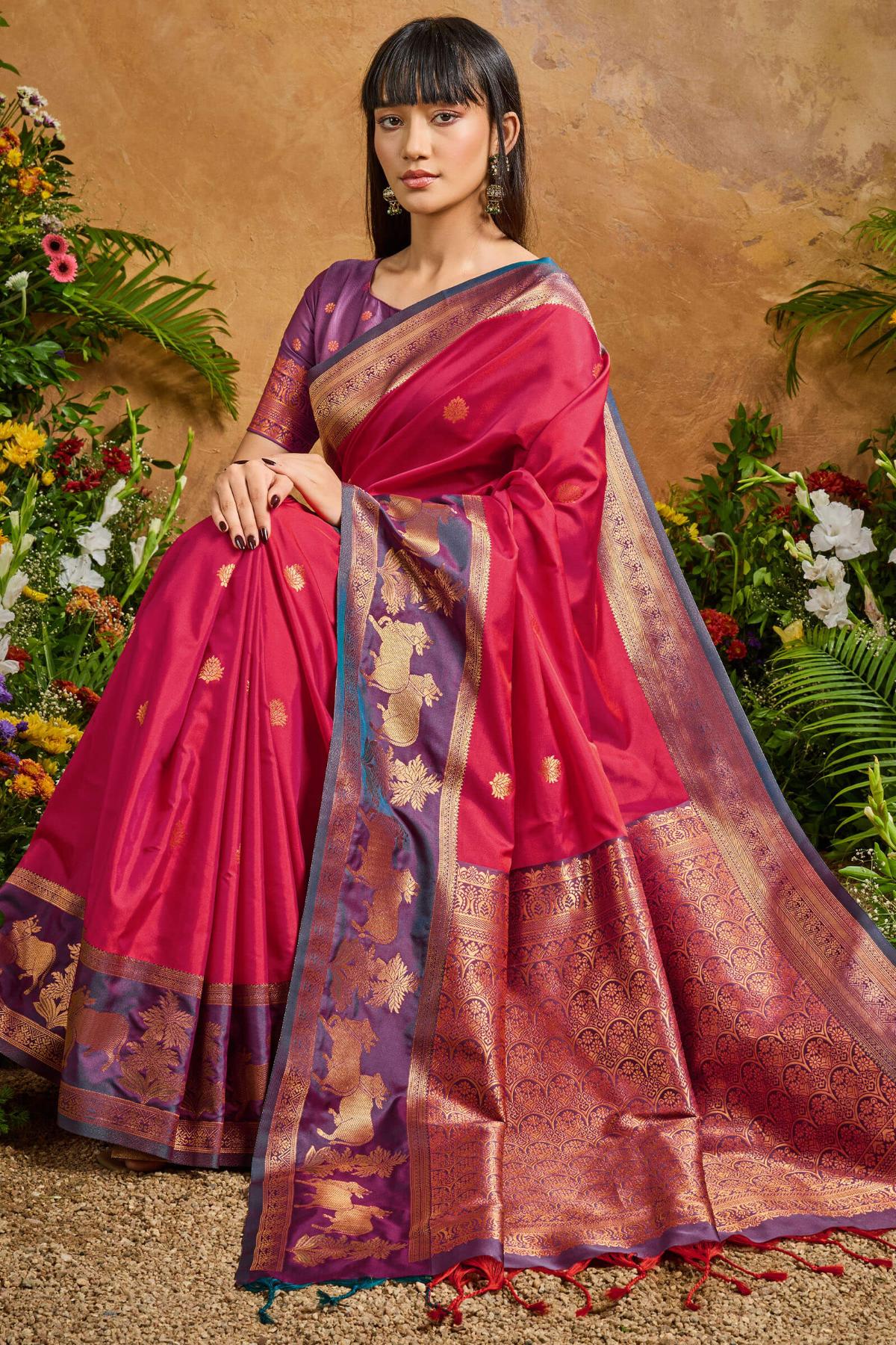 Eclat Dark Pink Soft Banarasi Silk Saree With Precious Blouse Piece