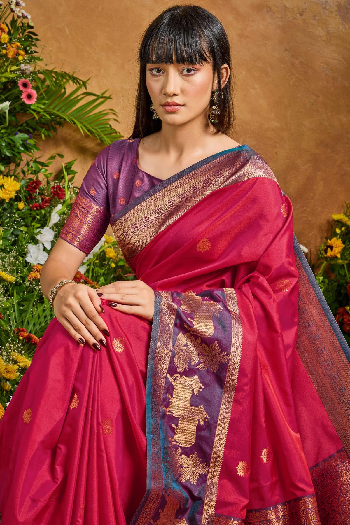 Eclat Dark Pink Soft Banarasi Silk Saree With Precious Blouse Piece