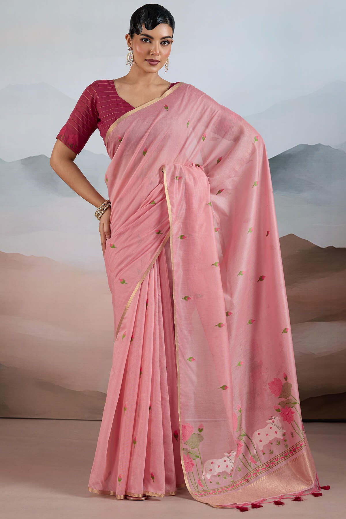 Flamboyant Pink Spun Cotton Silk Saree With Exemplary Blouse Piece