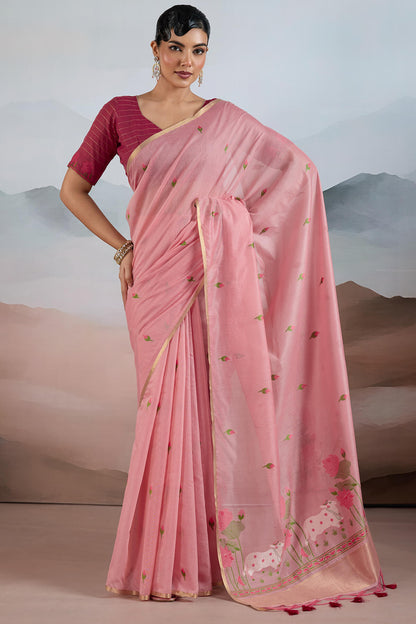 Flamboyant Pink Spun Cotton Silk Saree With Exemplary Blouse Piece