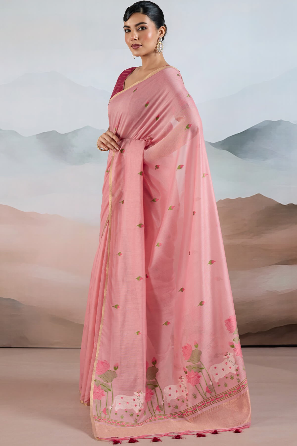 Flamboyant Pink Spun Cotton Silk Saree With Exemplary Blouse Piece