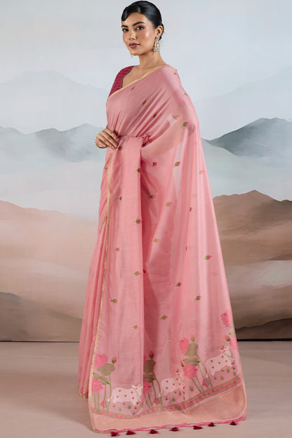 Flamboyant Pink Spun Cotton Silk Saree With Exemplary Blouse Piece