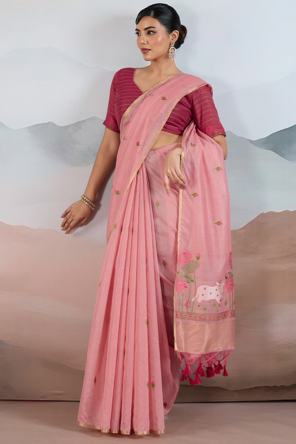 Flamboyant Pink Spun Cotton Silk Saree With Exemplary Blouse Piece