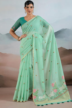 Chatoyant Turquoise Spun Cotton Silk Saree With Most Stunning Blouse Piece