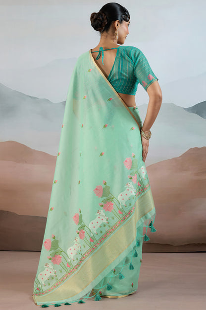 Chatoyant Turquoise Spun Cotton Silk Saree With Most Stunning Blouse Piece