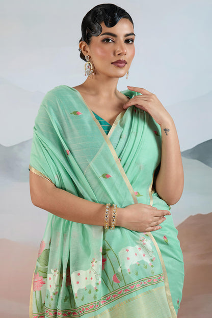 Chatoyant Turquoise Spun Cotton Silk Saree With Most Stunning Blouse Piece