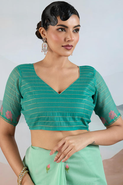 Chatoyant Turquoise Spun Cotton Silk Saree With Most Stunning Blouse Piece