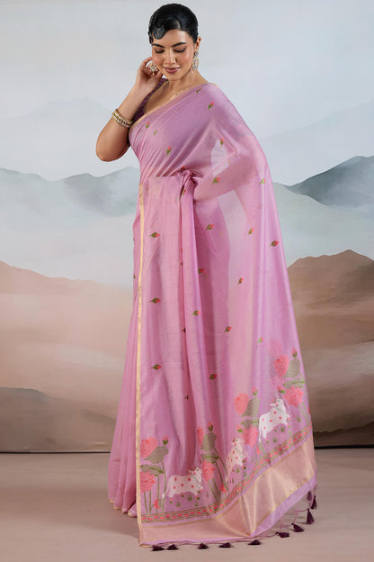 Lovely Lavender Spun Cotton Silk Saree With Excellent Blouse Piece