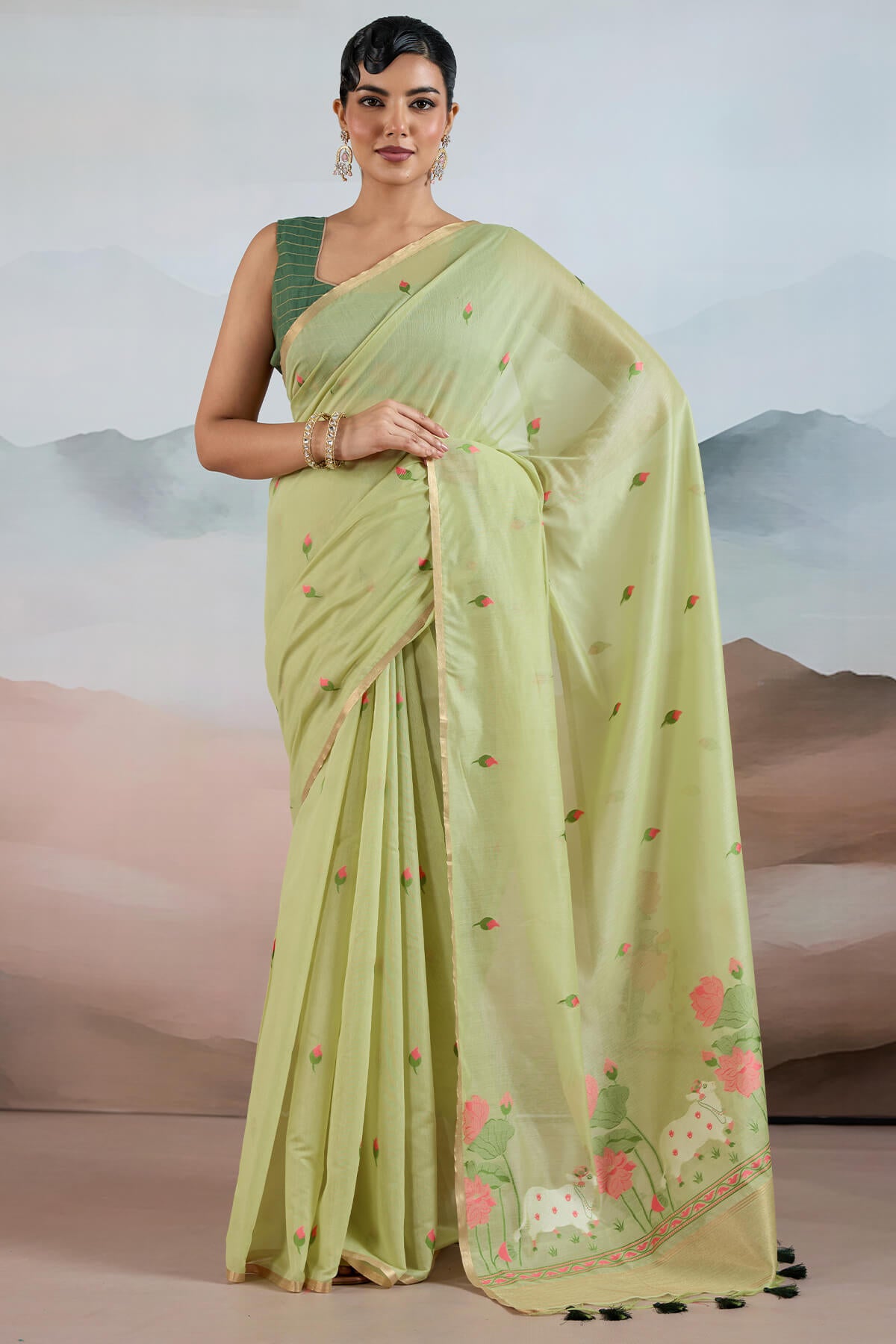 Zephyr Pista Spun Cotton Silk Saree With Invaluable Blouse Piece