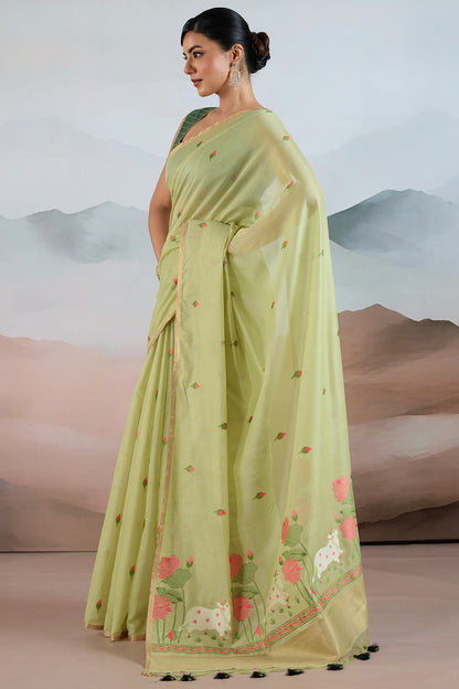 Zephyr Pista Spun Cotton Silk Saree With Invaluable Blouse Piece