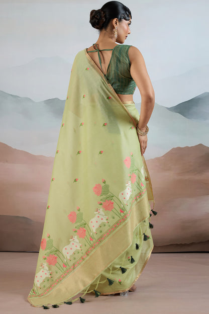 Zephyr Pista Spun Cotton Silk Saree With Invaluable Blouse Piece